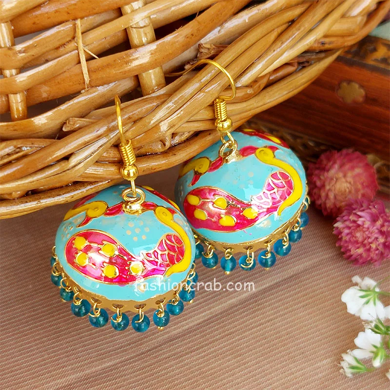 Traditional Peacock Jhumka Earrings for Women - Blue