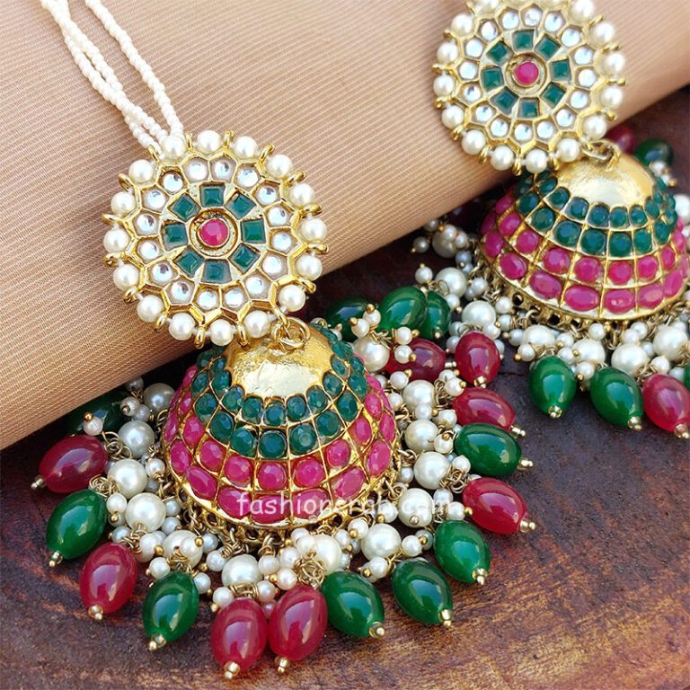 Big Maroon Green Traditional Jhumka Earrings for Girls