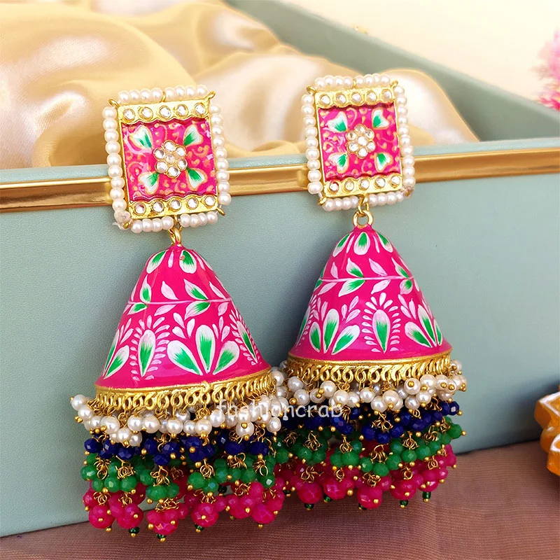 Big Pink Meenakari Pearl Jhumka Earring for Wedding