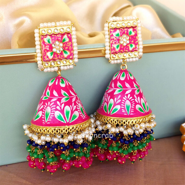 Big Pink Meenakari Pearl Jhumka Earring for Wedding