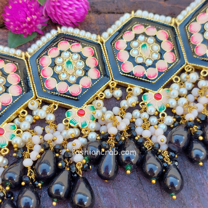 Black Colour Meenakari Choker Necklace Set for Lehenga