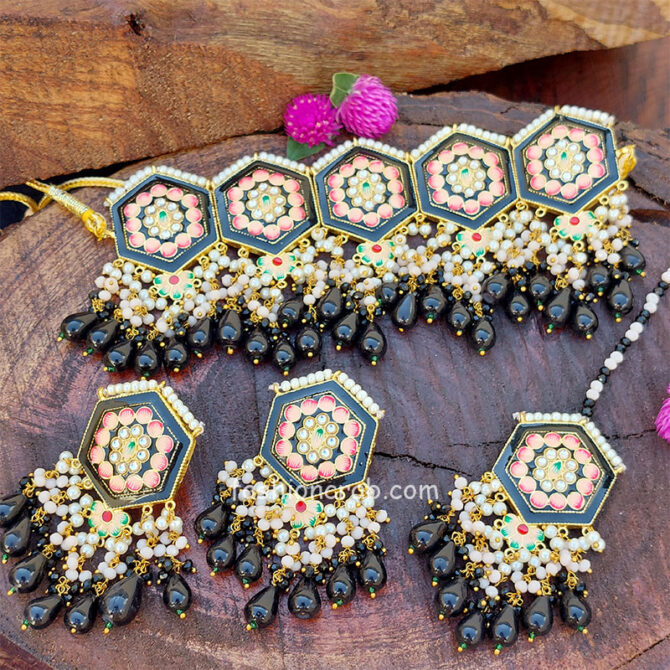 Black Colour Meenakari Choker Necklace Set for Lehenga Black Colour Meenakari Choker Necklace Set for Lehenga