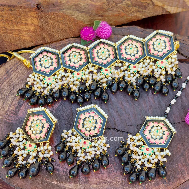 Black Colour Meenakari Choker Necklace Set for Lehenga
