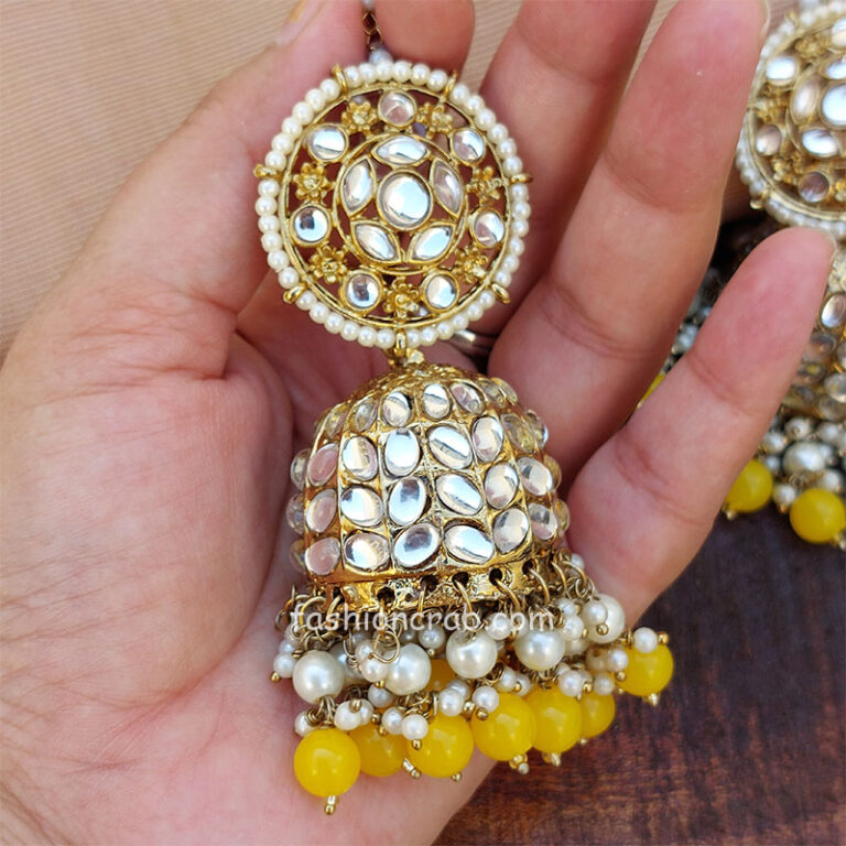 Bollywood Indian Ethnic Kundan Yellow Pearl Jhumka