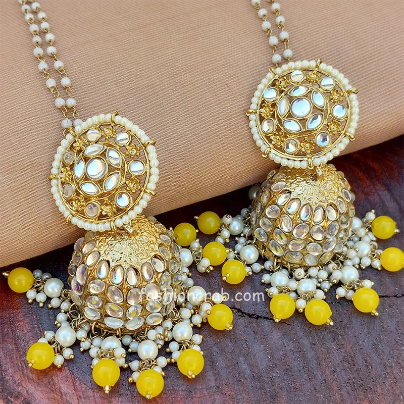 Bollywood Indian Ethnic Kundan Yellow Pearl Jhumka