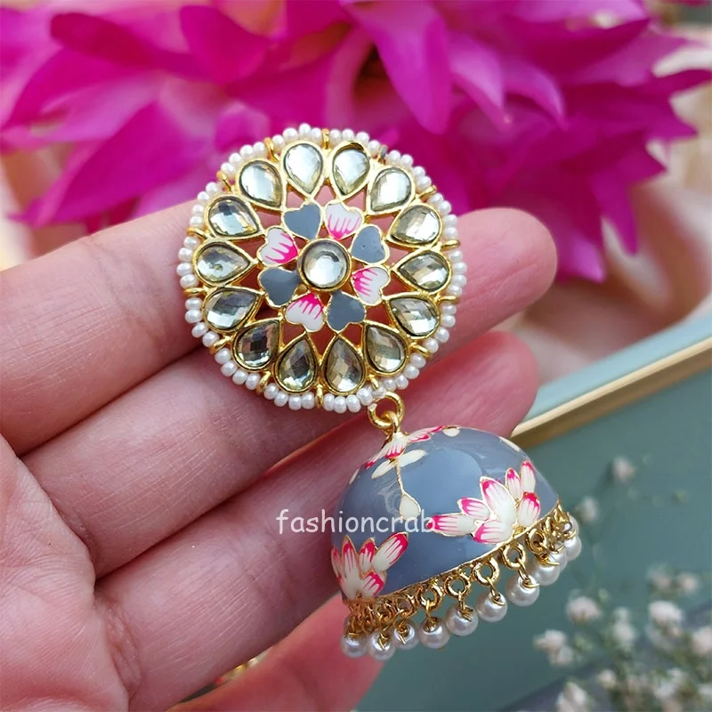 Hand Painted Meenakari Grey Jhumka