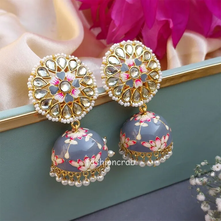 Hand Painted Meenakari Grey Jhumka