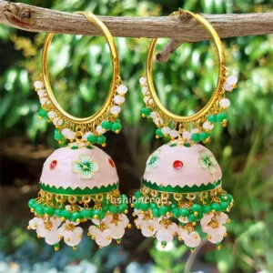 Light Pink Meenakari Jhumka with Golden Bali Earrings