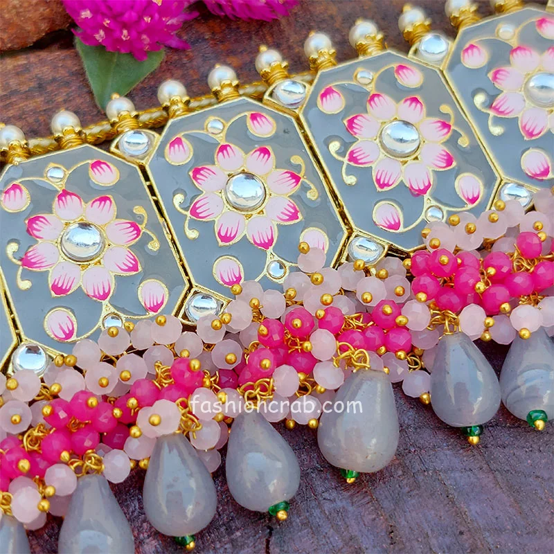 Meenakari Grey Colour Wedding Choker Necklace