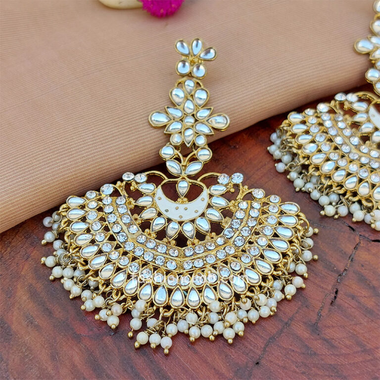 Pearl Kundan Handcrafted Chandbali Earring - White