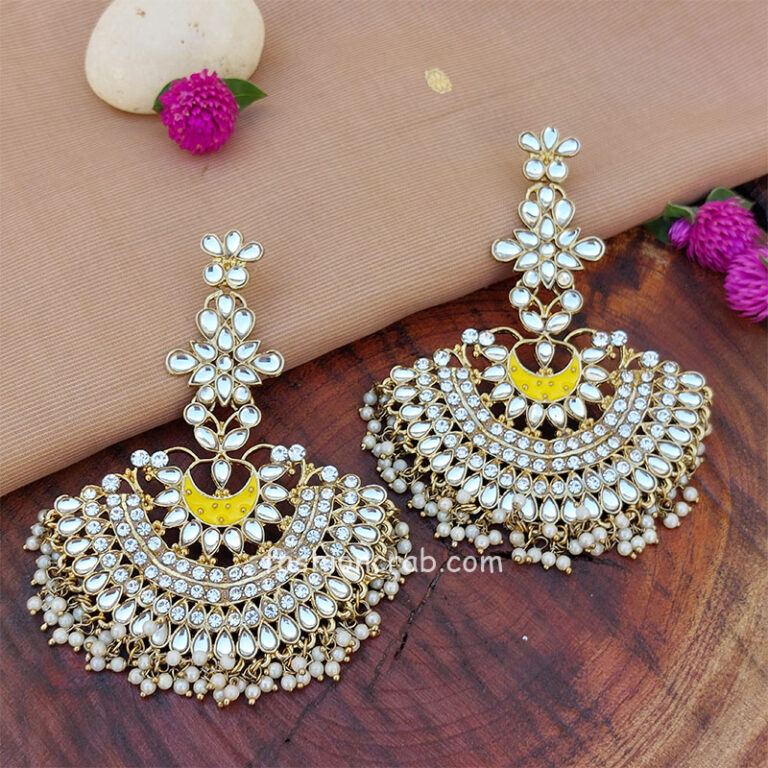 Gold Plated Traditional Handcrafted Pearl Kundan Beaded Chandbali Earrings for Women/Girls