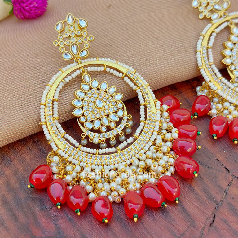 Rani Pink Pearl American Diamond Chandbali Earrings