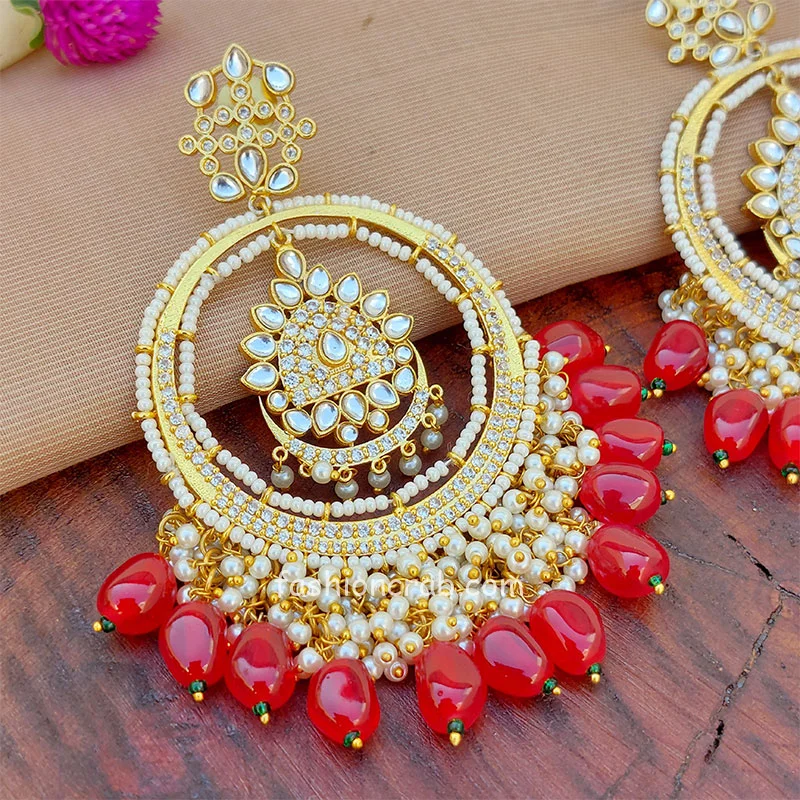 Rani Pink Pearl American Diamond Chandbali Earrings