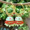 Sea Green Meenakari Jhumka with Golden Bali Earrings