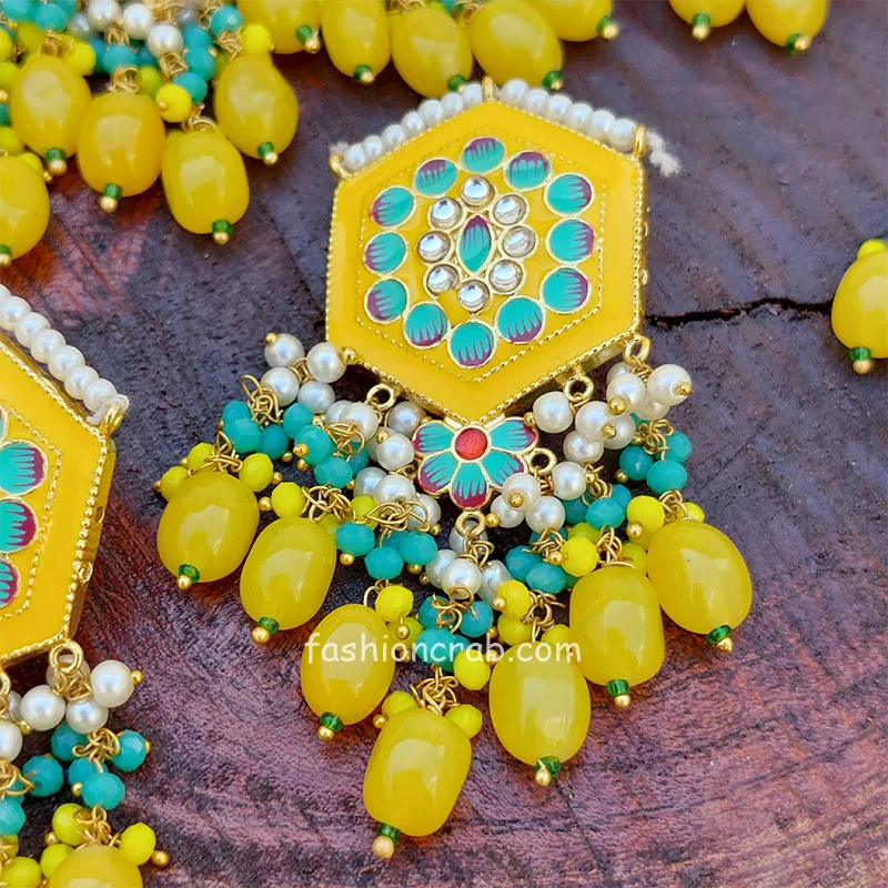 Yellow Colour Meenakari Choker Necklace Set for Lehenga