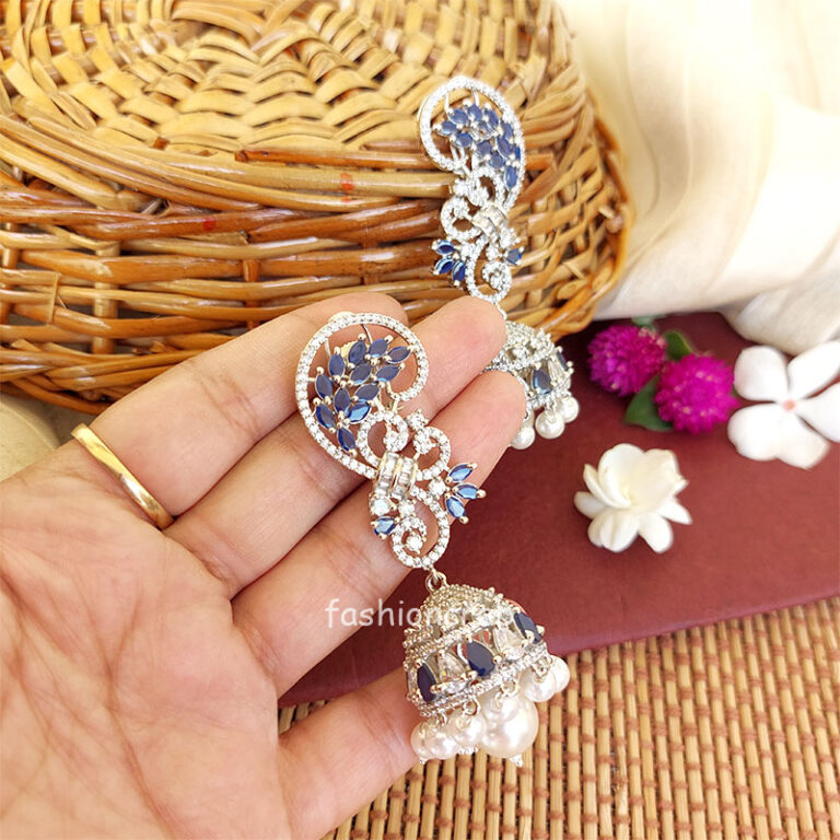 Cubic Zirconia Pearl Jhumka Earrings - Dark Blue