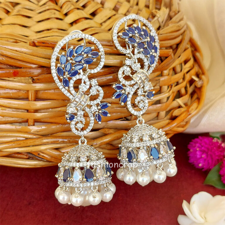 Cubic Zirconia Pearl Jhumka Earrings - Dark Blue