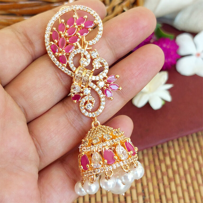 Cubic Zirconia Pearl Jhumka Earrings - Rose Gold Dark Pink
