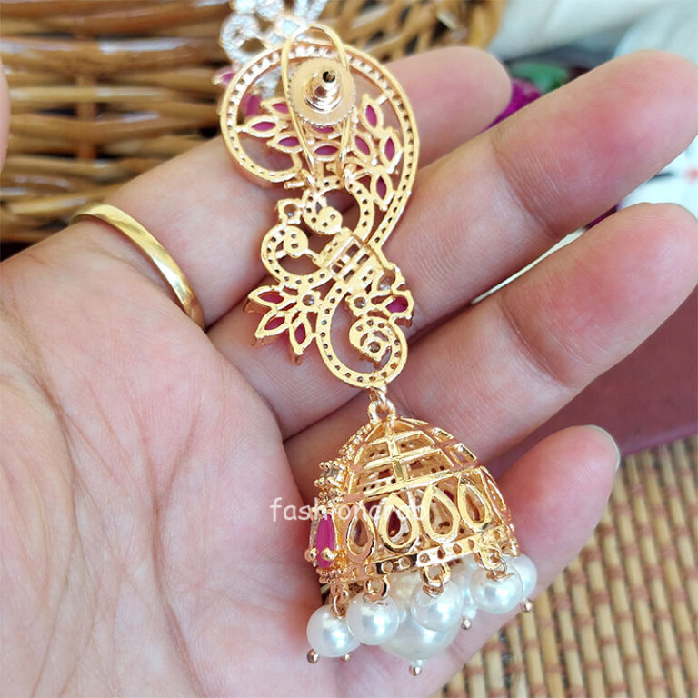 Cubic Zirconia Pearl Jhumka Earrings - Rose Gold Dark Pink
