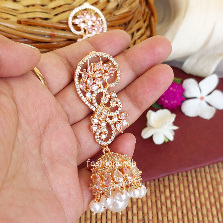 Cubic Zirconia Pearl Jhumka Earrings - Rose Gold Light Pink