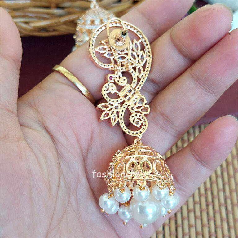 Cubic Zirconia Pearl Jhumka Earrings - Rose Gold Light Pink