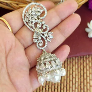 Cubic Zirconia Pearl Jhumka Earrings - White Rodium