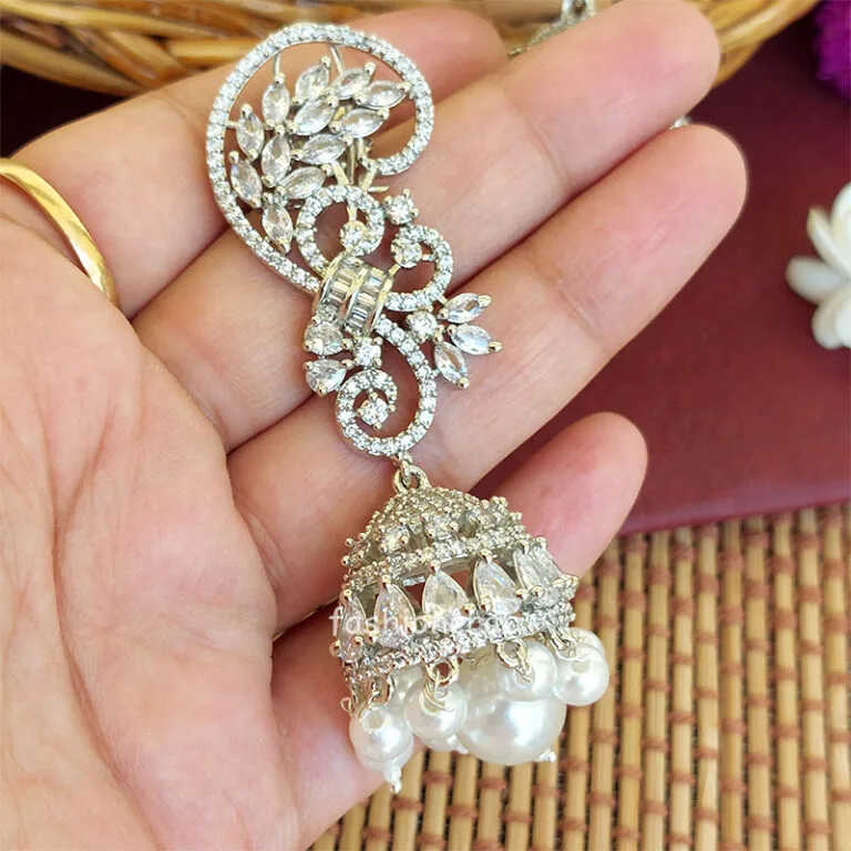 Cubic Zirconia Pearl Jhumka Earrings - White Rodium