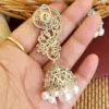 Cubic Zirconia Pearl Jhumka Earrings - White Rodium-02 Cubic Zirconia Pearl Jhumka Earrings - White Rodium