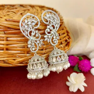Cubic Zirconia Pearl Jhumka Earrings - White Rodium
