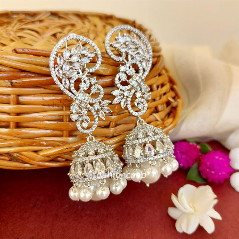 Cubic Zirconia Pearl Jhumka Earrings - White Rodium
