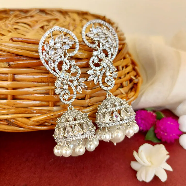 Cubic Zirconia Pearl Jhumka Earrings - White Rodium