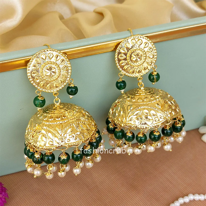 Dark Green Beautiful Punjabi Jhumka with Tikka