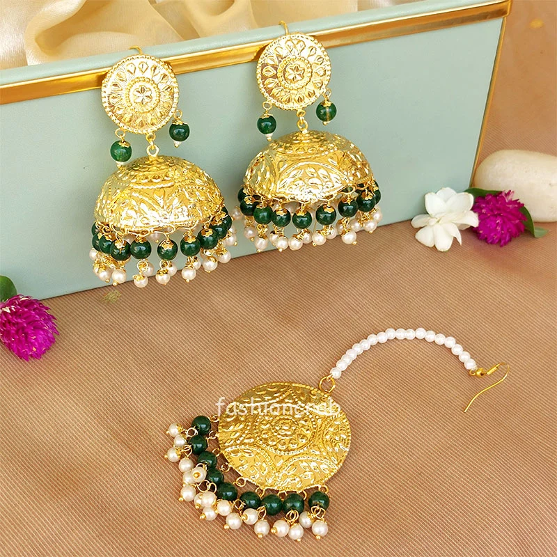 Dark Green Beautiful Punjabi Jhumka with Tikka