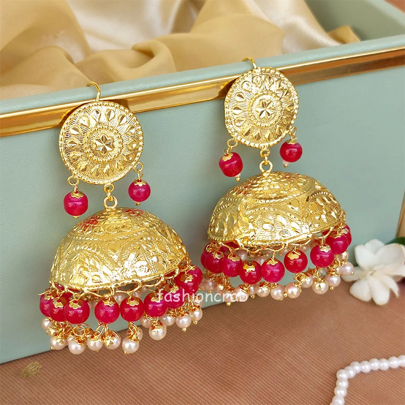 Dark Pink Beautiful Punjabi Jhumka with Tikka