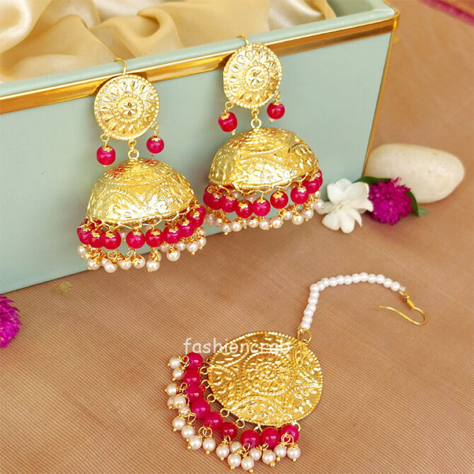 Dark Pink Beautiful Punjabi Jhumka with Tikka Dark Pink Beautiful Punjabi Jhumka with Tikka