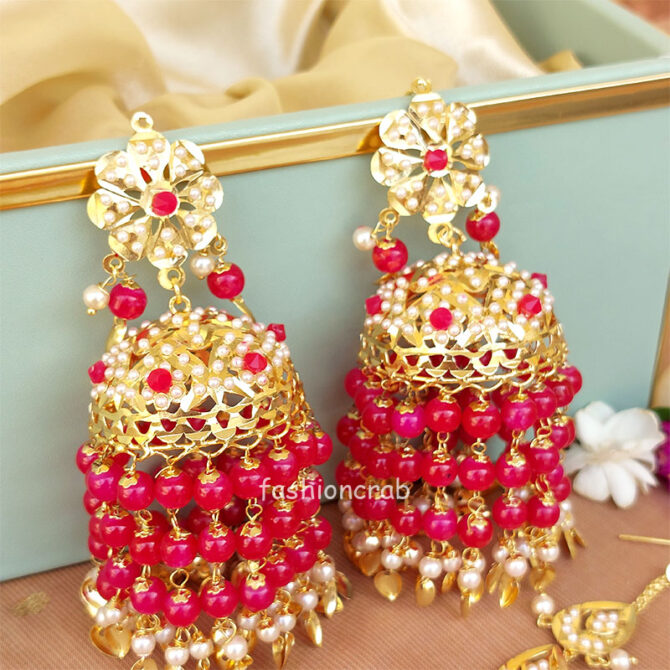 Dark Pink Heavy Jadau Jhumka Earrings for Punjabi Suit