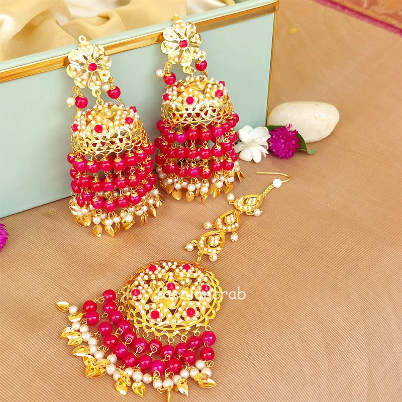 Dark Pink Heavy Jadau Jhumka Earrings for Punjabi Suit