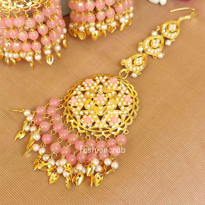 Light Pink Heavy Jadau Jhumka Earrings for Punjabi Suit