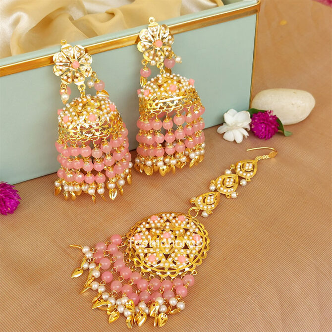 Light Pink Heavy Jadau Jhumka Earrings for Punjabi Suit Light Pink Heavy Jadau Jhumka Earrings for Punjabi Suit