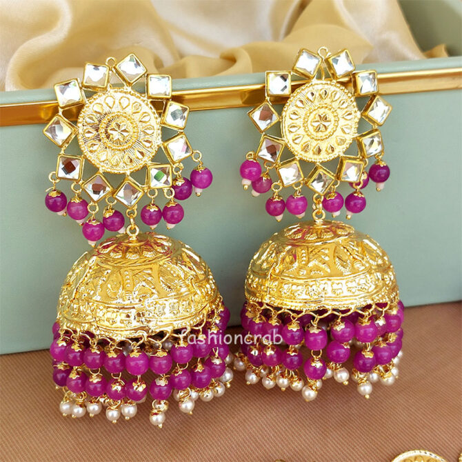Magenta Pink Big Punjabi Traditional Earrings with Tikka