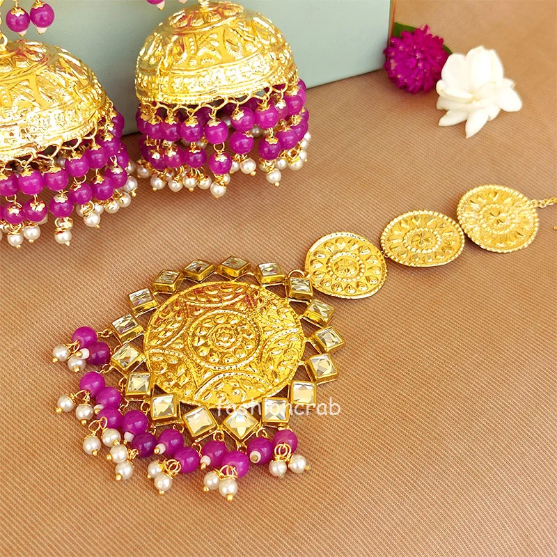 Magenta Pink Big Punjabi Traditional Earrings with Tikka