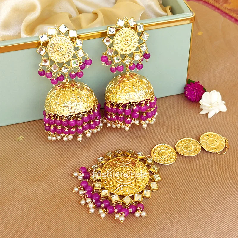 Magenta Pink Big Punjabi Traditional Earrings with Tikka