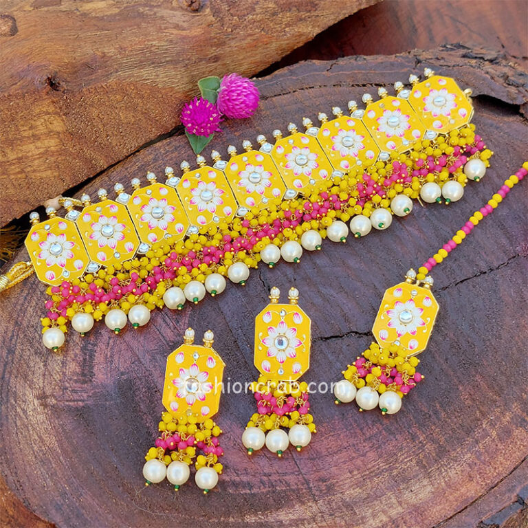 Meenakari Yellow Colour Wedding Choker Necklace