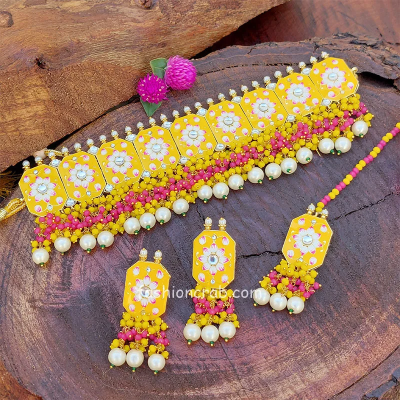 Meenakari Yellow Colour Wedding Choker Necklace
