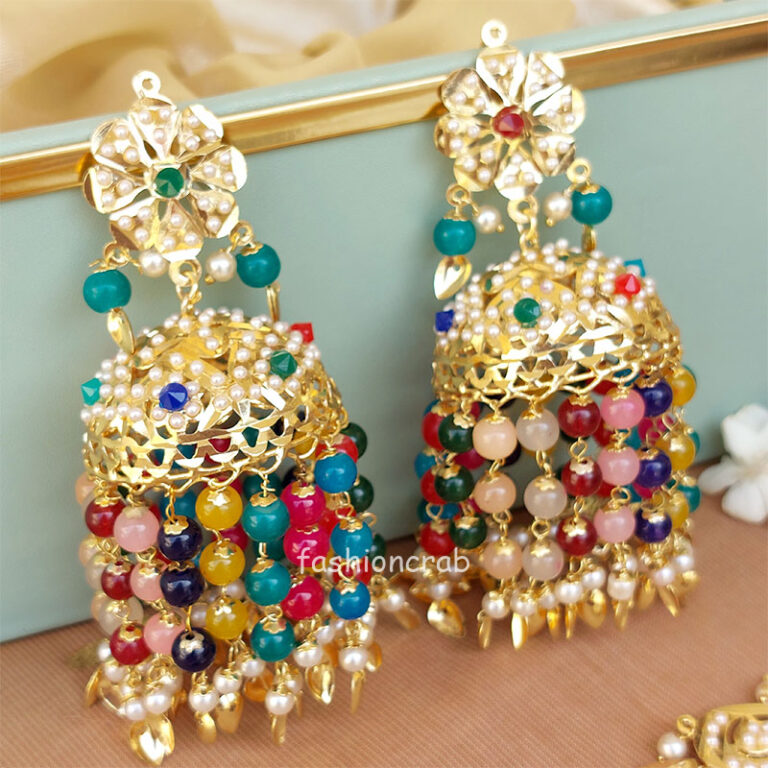 Multicolor Heavy Jadau Jhumka Earrings for Punjabi Suit