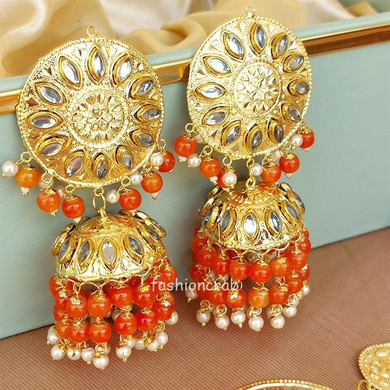 Orange Color Punjabi Tikka Earrings for Wedding