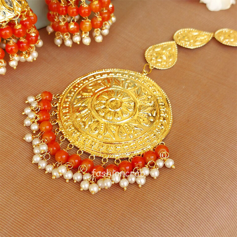 Orange Color Punjabi Tikka Earrings for Wedding