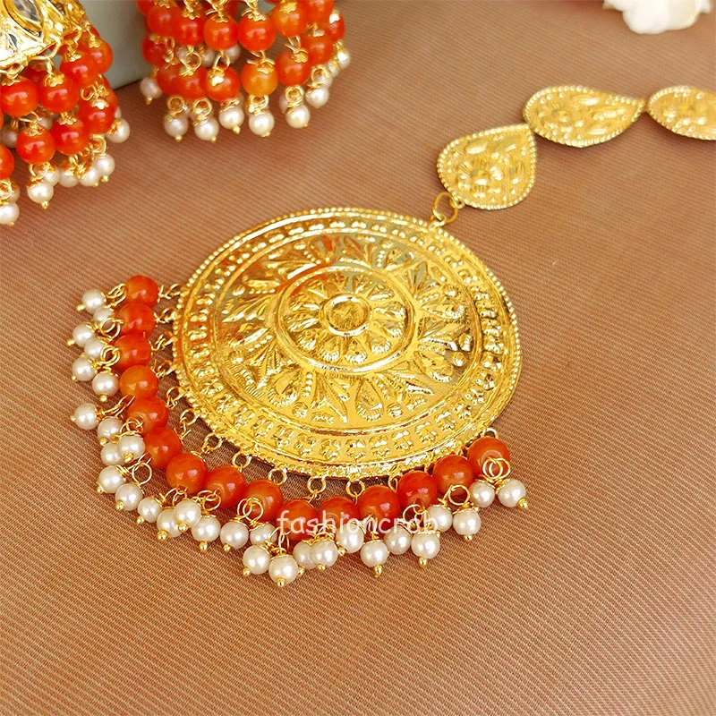Orange Color Punjabi Tikka Earrings for Wedding