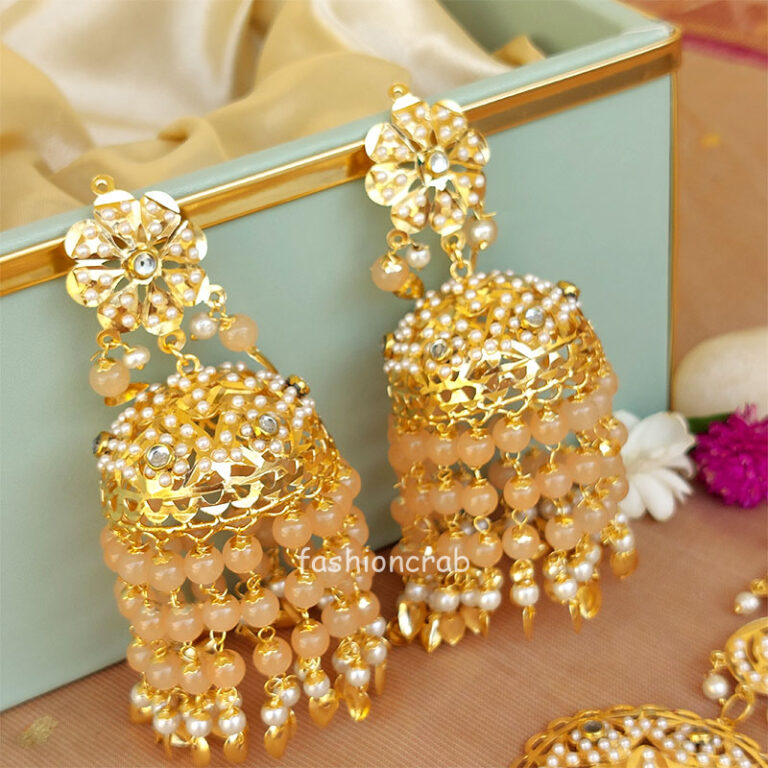 Peach Heavy Jadau Jhumka Earrings for Punjabi Suit