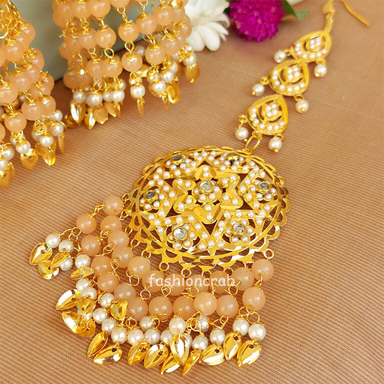 Peach Heavy Jadau Jhumka Earrings for Punjabi Suit